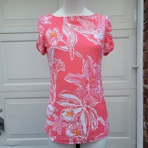 Lilly Pulitzer Soft Pink Flower Boatneck 100% Cotton Ruched Short Sleeve Shirt